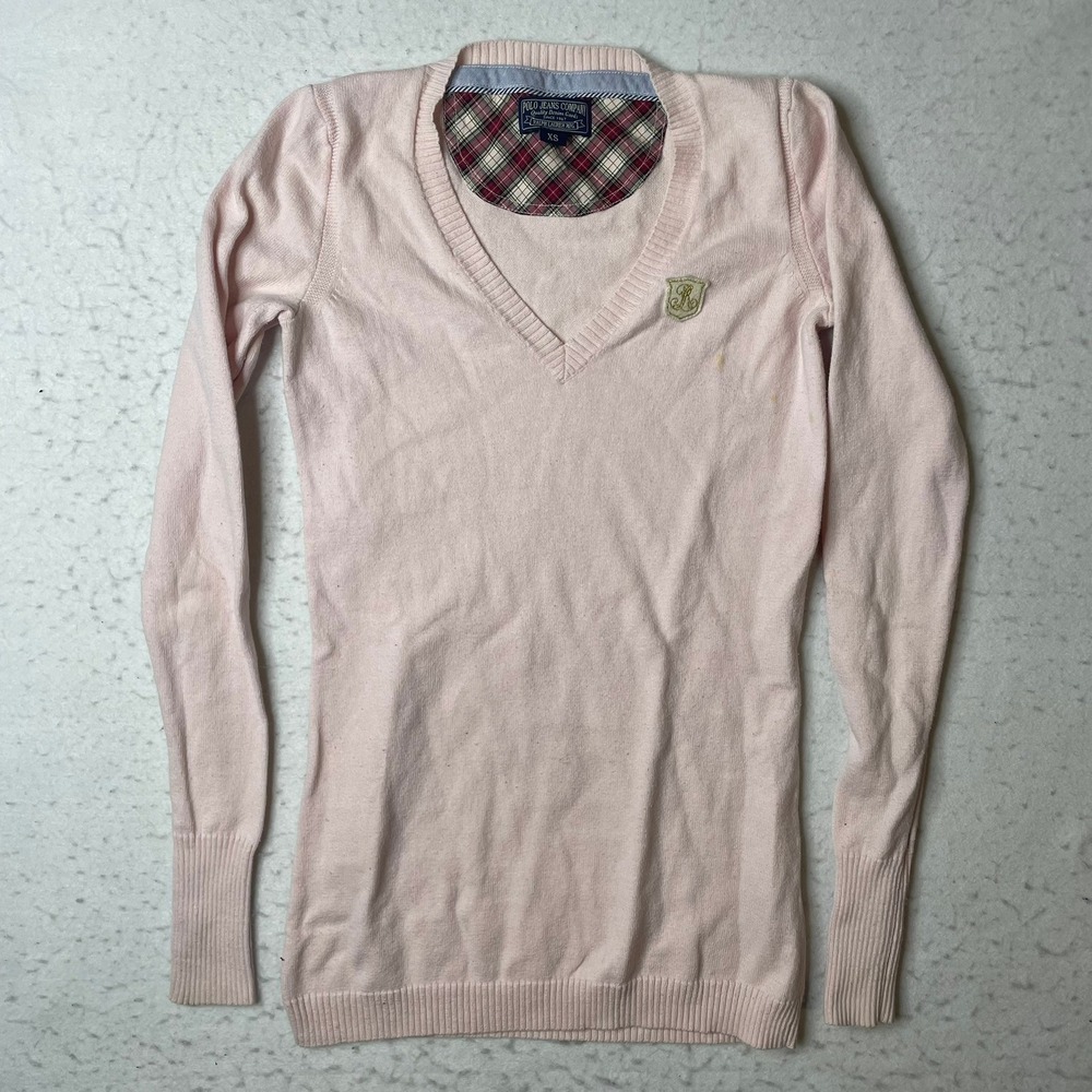 Polo Jeans Co Ralph‎ Lauren Pink V-Neck Sweater XS Crest Logo Long Sleeve Cotton